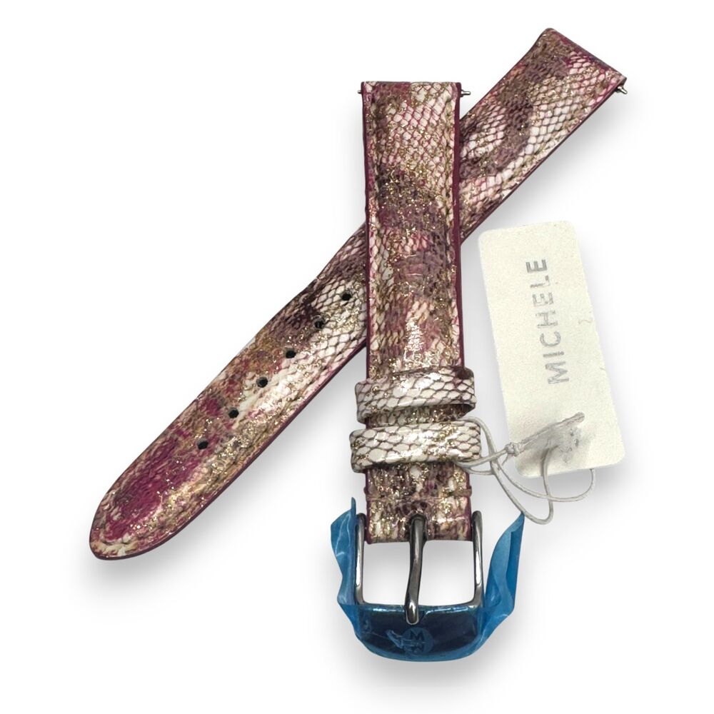 Michele 16mm Pink Floral Metallic Gold Shimmer Leather Watch Strap NWT Unique